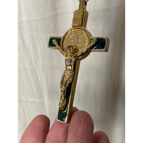 Gold tone St. Benedict Crucifix Pendant Necklace on Heavy Gold tone box chain. - Picture 14 of 16